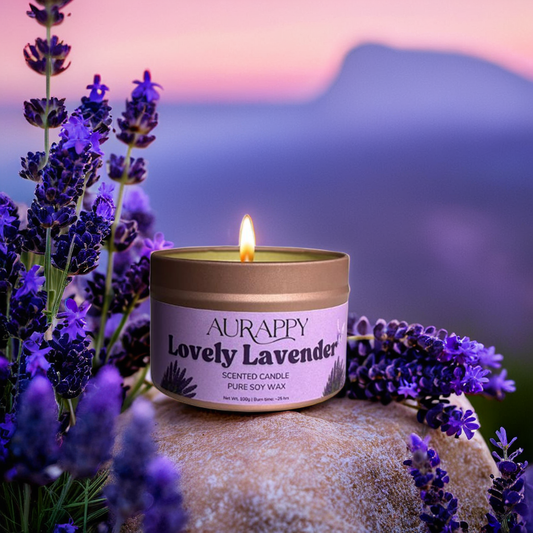 Lovely lavender scented candle lit on a mountain hill with lavender flowers around