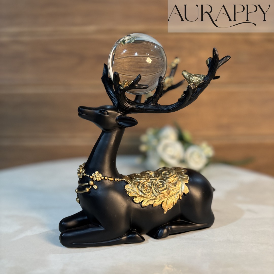 Elegant Black and Gold Reindeer Couple with Crystal Orbs