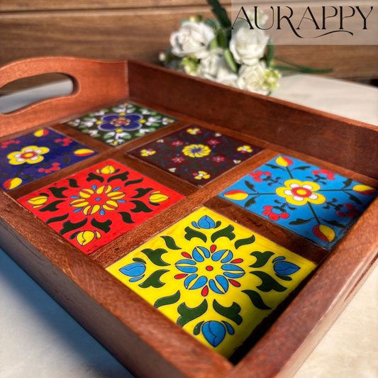Handcrafted Wooden Serving Tray with 6 Ceramic Tiles – Antique Polished Tray with Handles