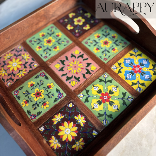 Handcrafted Wooden Serving Tray with 9 Ceramic Tiles – Antique Polished Tray with Handles