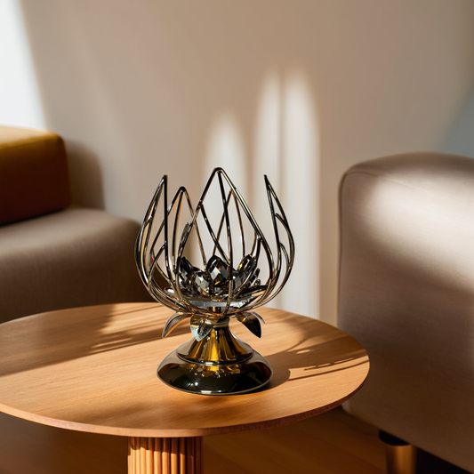 lotus tealight holder, antique brass candle holder, crystal candle stand, luxury home decor India, Diwali gift idea, spiritual home decor, modern lotus centerpiece, decorative candle holder, elegant tealight decor, calming meditation decor