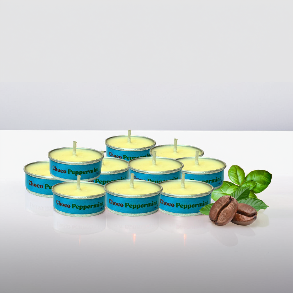 Set of Choco Peppermint tealight candles with a leaf and chocolate pieces on a white background
