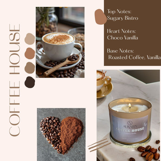 Collage of coffee-themed images including a cup of coffee, coffee beans, and a candle with 'Aurappy Coffee House' branding.