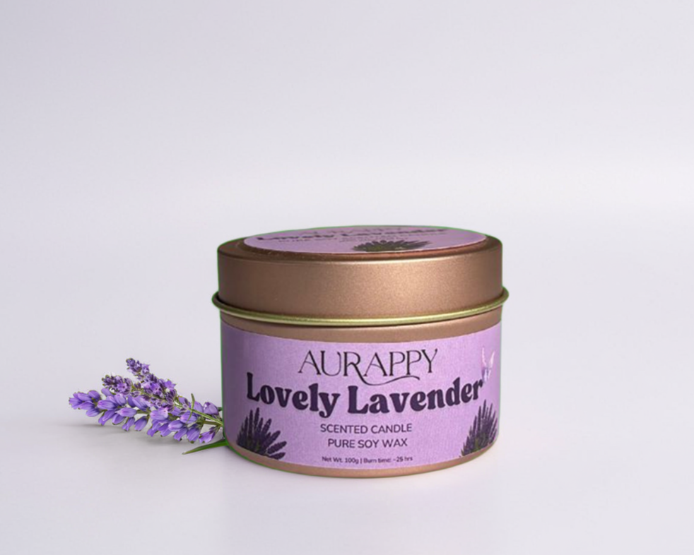 Aurappy Lovely Lavender scented candle in a purple tin with lavender spring on a light gray background