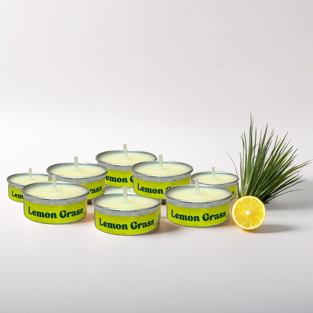 Set of lemon grass Tealight candles with a lemon and grass on a white background