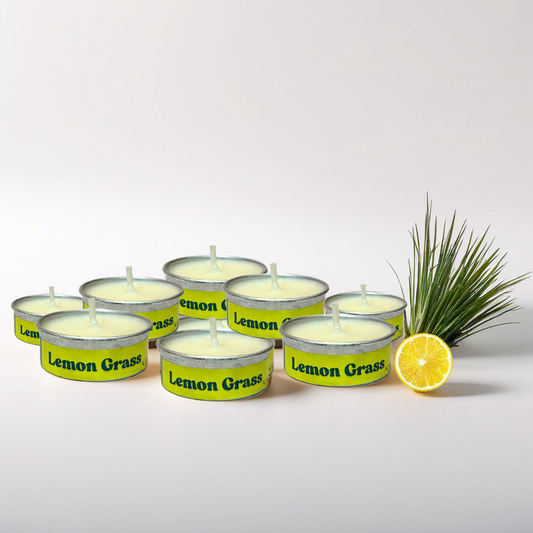 Set of lemon grass Tealight candles with a lemon and grass on a white background