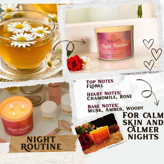Collage of a candle, tea, and products with 'Night Routine' branding and floral notes description.
