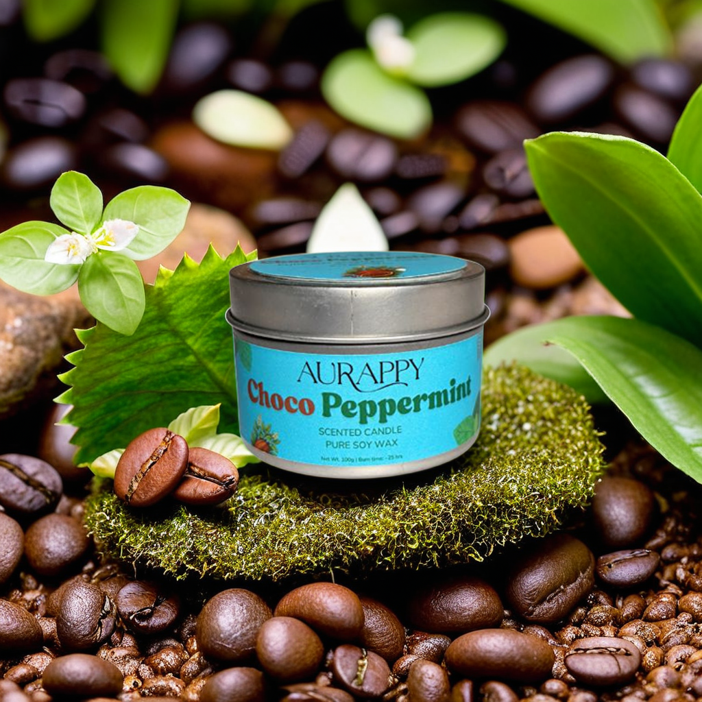 Aurappy Choco Peppermint scented candle in a tin