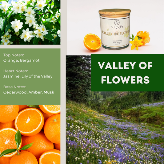 Collage of a candle labeled 'Valley of Flowers', oranges, and a scenic view of flowers.