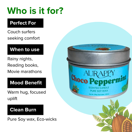Aurappy Choco Peppermint scented candle with product details on a white background