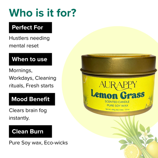 Aurappy Lemon Grass scented candle with product details on a white background
