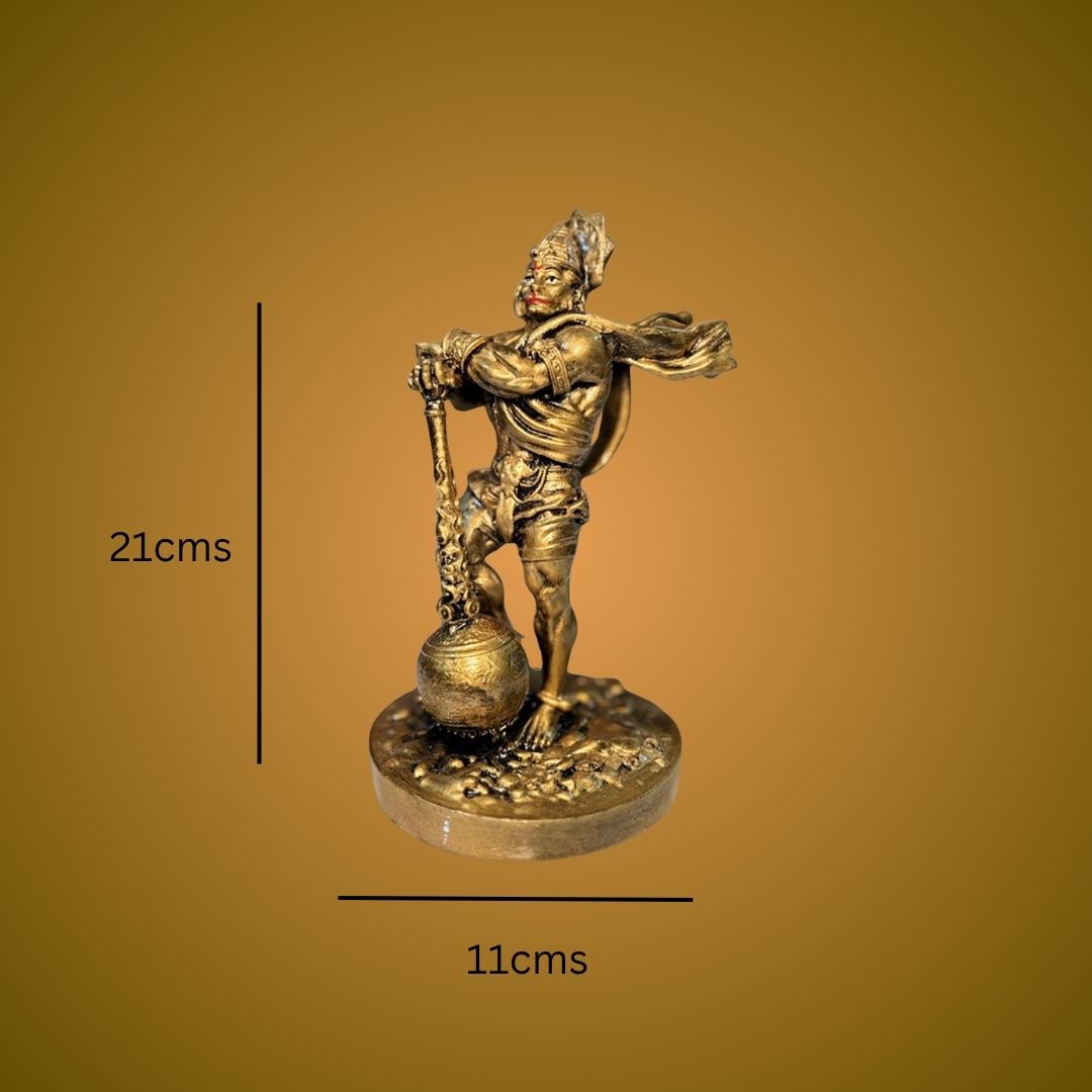 Bronze statue with measurements on a brown background