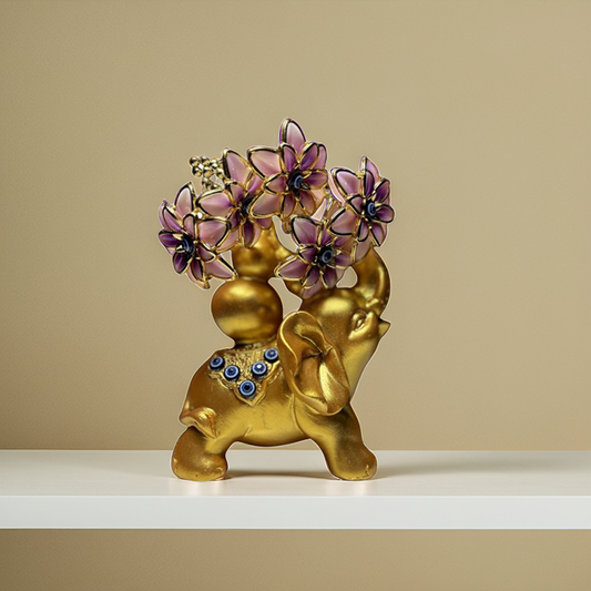 Golden Elephant Figurine with Evil Eye Flowers
