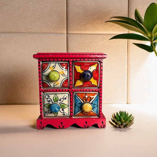 Handmade wooden storage chest, ceramic drawer organizer, small jewelry storage box, boho wooden storage box, rustic drawer organizer, hand-painted ceramic drawer chest, decorative storage for small items, wooden box with ceramic drawers, unique storage solutions, vintage style storage chest.
