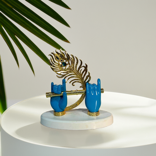 Aurappy Lord Krishna Hands with Flute Idol |Divine Krishna ji Hand Statue with Flute and Peacock Feather for Car Dashboard, Home Temple mandir, and Housewarming Gift