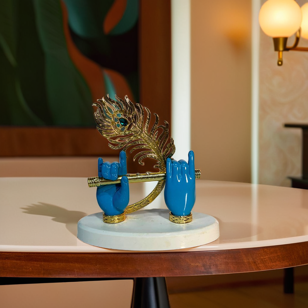 Aurappy Lord Krishna Hands with Flute Idol |Divine Krishna ji Hand Statue with Flute and Peacock Feather for Car Dashboard, Home Temple mandir, and Housewarming Gift