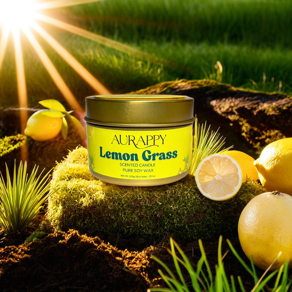 Aurappy Lemon Grass scented candle in a natural setting with lemons and greenery.