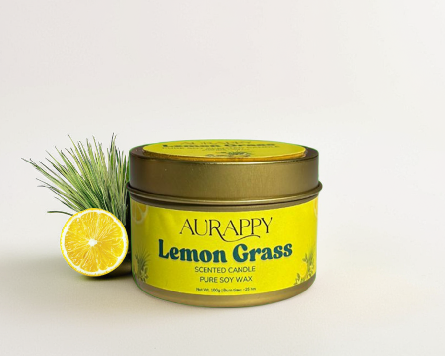 Aurappy Lemon Grass scented candle with a lemon and grass on a white background