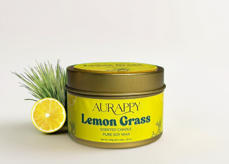 Aurappy Lemon Grass scented candle with a lemon and grass on a white background