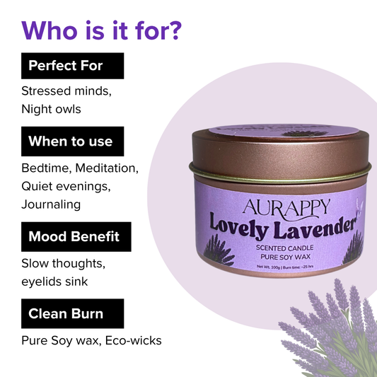 Aurappy Lovely Lavender scented candle with product details on a white background