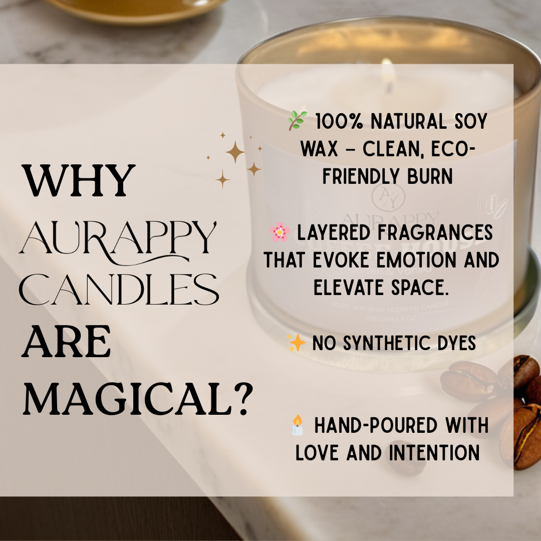 Aurappy candle with text highlighting features on a light background