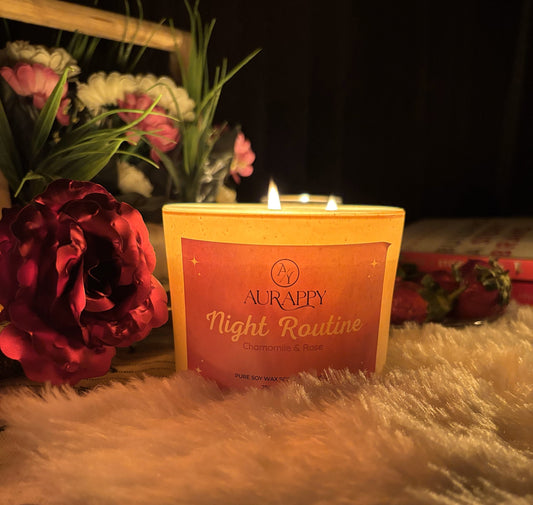 shop online Aurappy organic soy three wick scented candle night routine