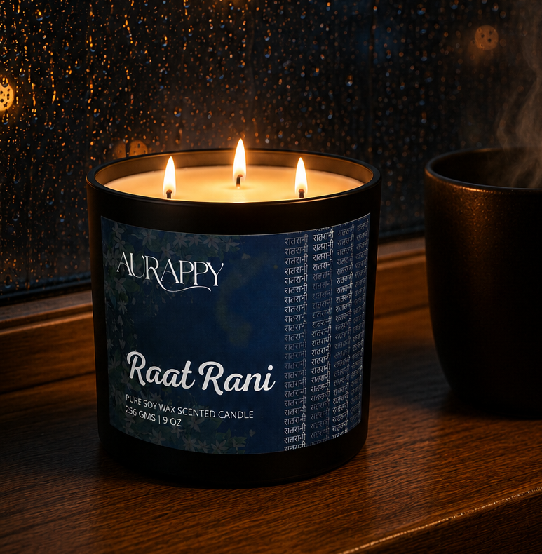 Aurappy scented candle creating a warm evening glow at home