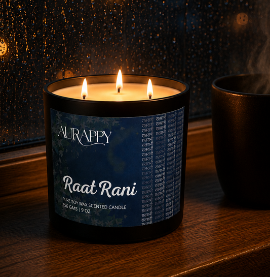Aurappy scented candle creating a warm evening glow at home