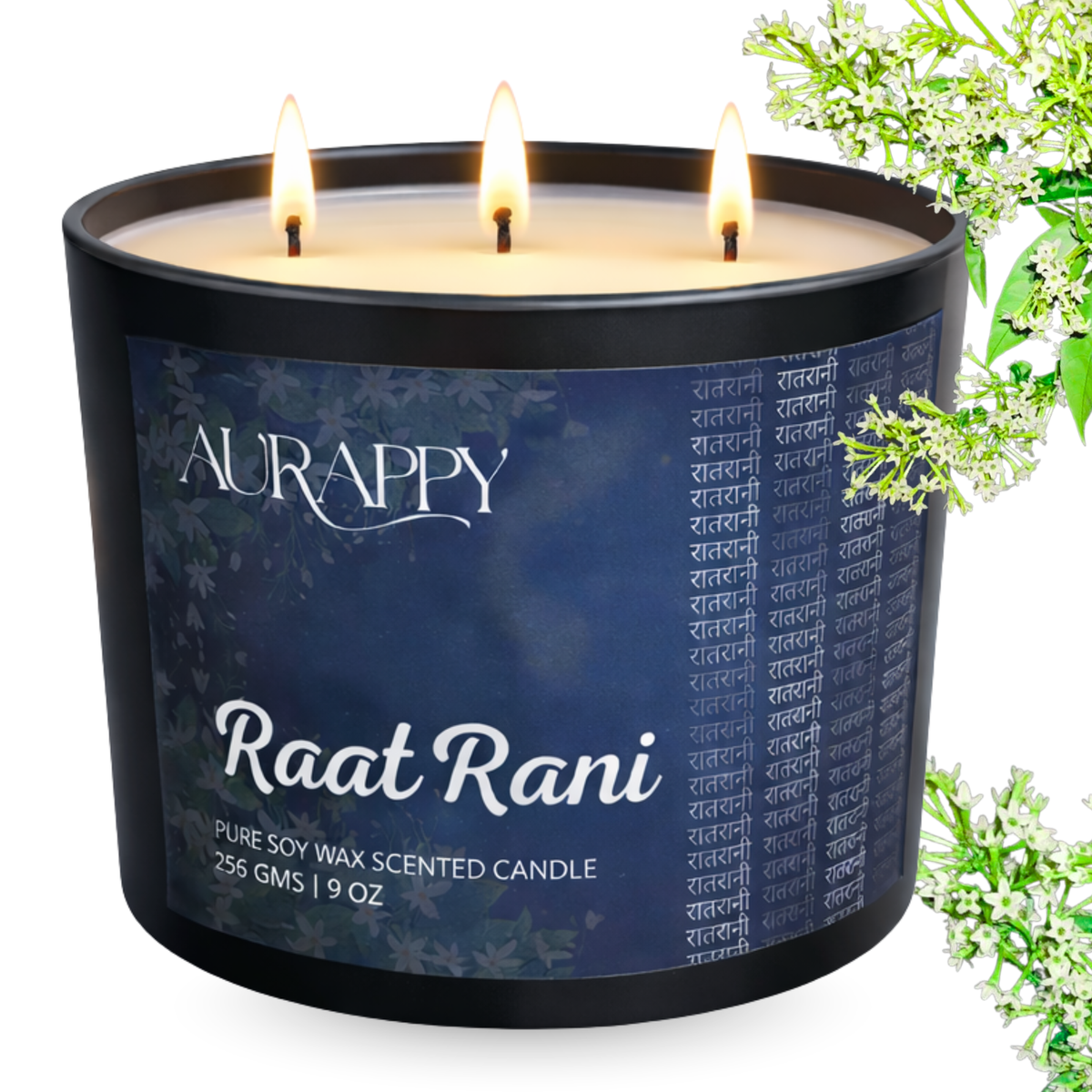 Aurappy Raatrani 3-wick soy wax candle 300g – raat ki rani night jasmine fragrance 45 hour burn India