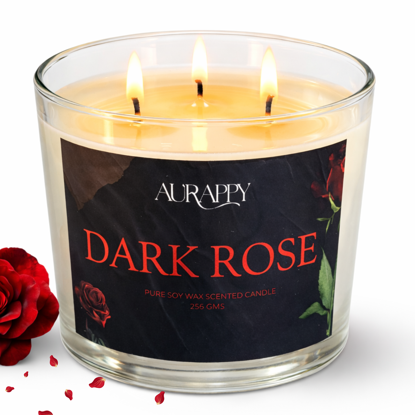 Aurappy Dark Rose 3-wick soy wax candle 300g – deep moody rose fragrance 45 hour burn India