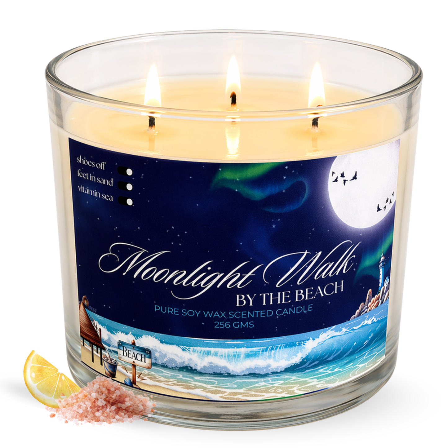 Aurappy Moonlight Walk 3-wick soy wax candle 300g – oceanic sea breeze fragrance 45 hour burn India