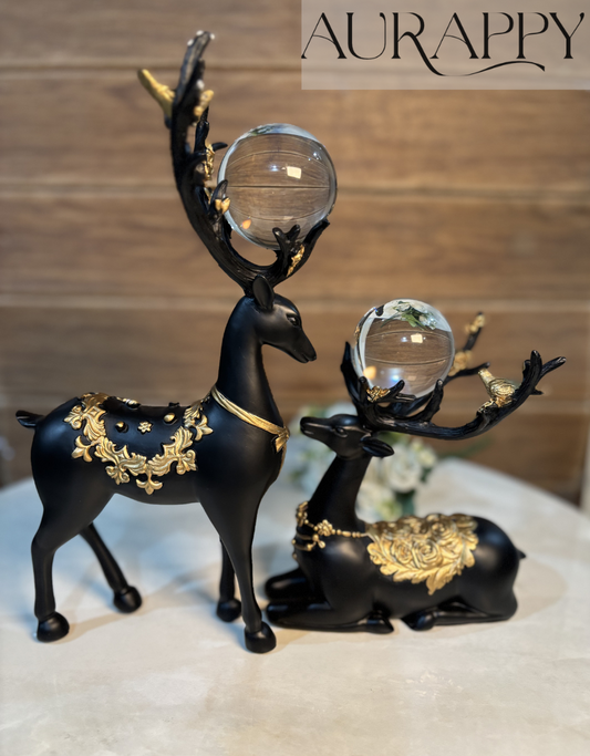 Elegant Black and Gold Reindeer Couple with Crystal Orbs