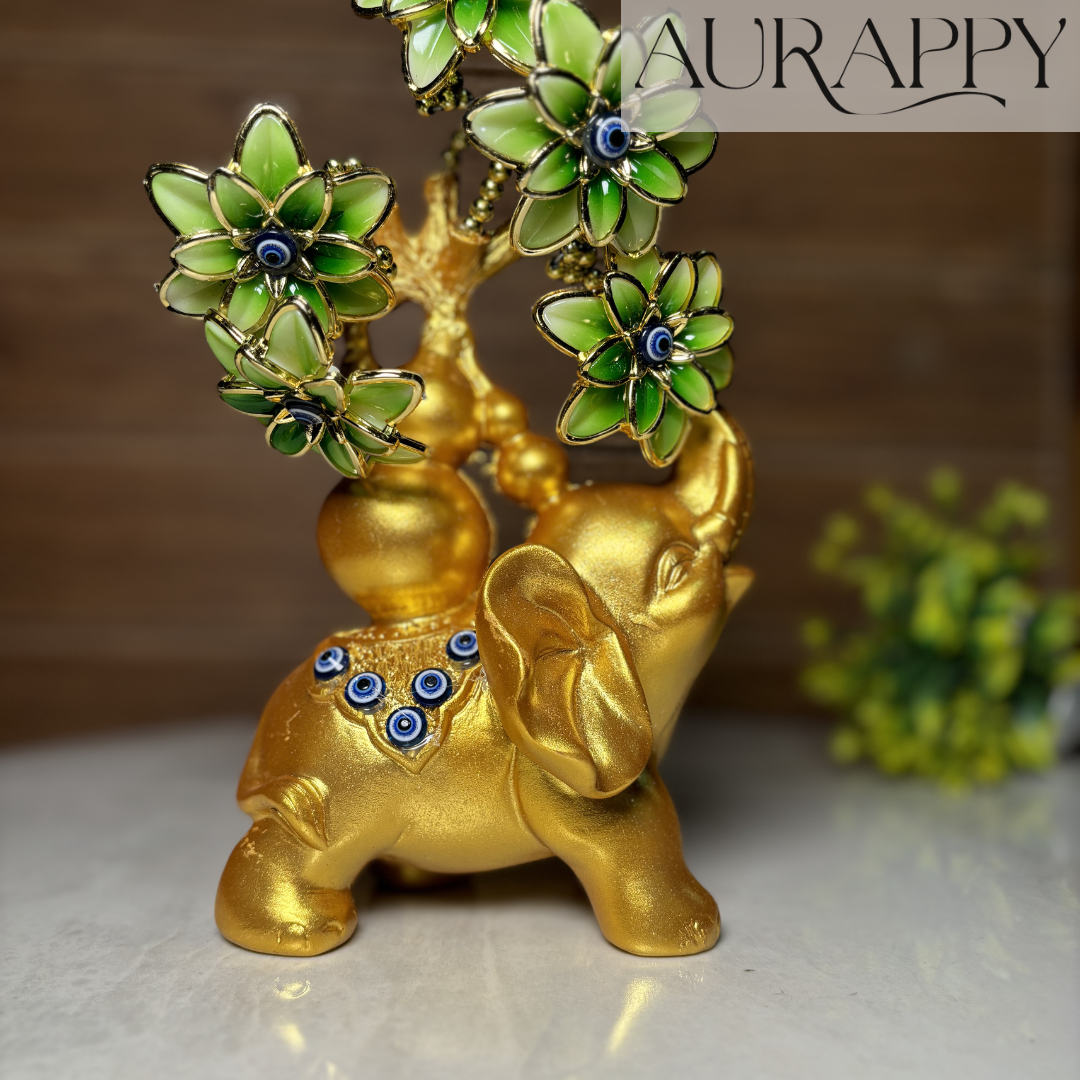 Golden Elephant Figurine with Evil Eye Flowers