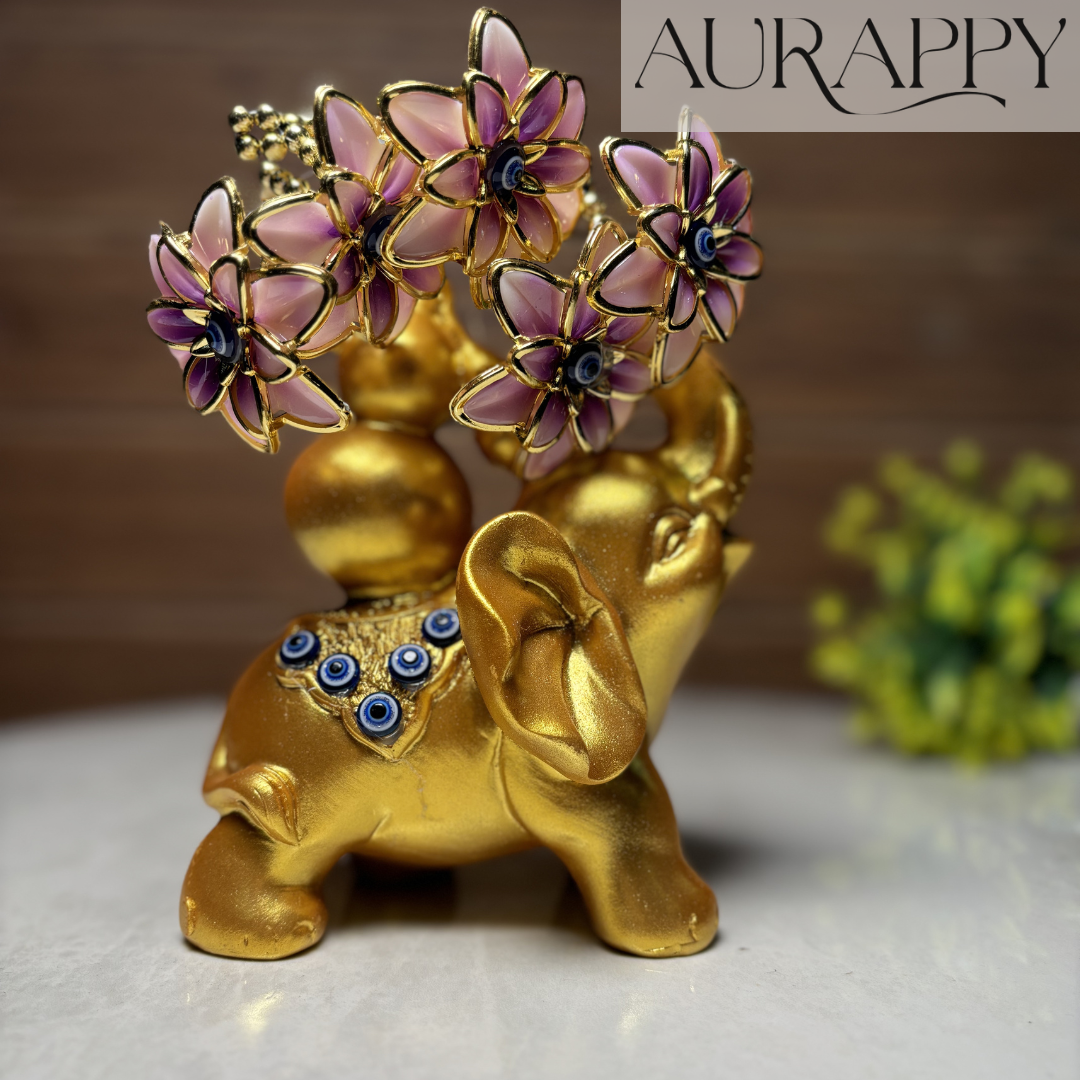 Golden Elephant Figurine with Evil Eye Flowers