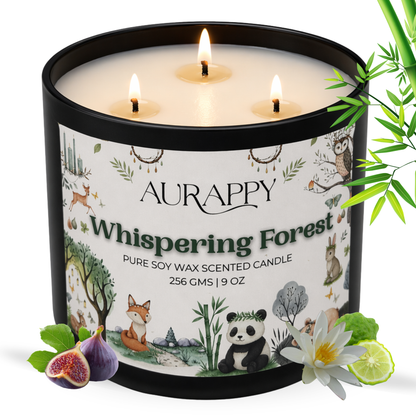 Aurappy Whispering Forest 3-wick soy wax candle 300g – pine cedar forest fragrance 45 hour burn India