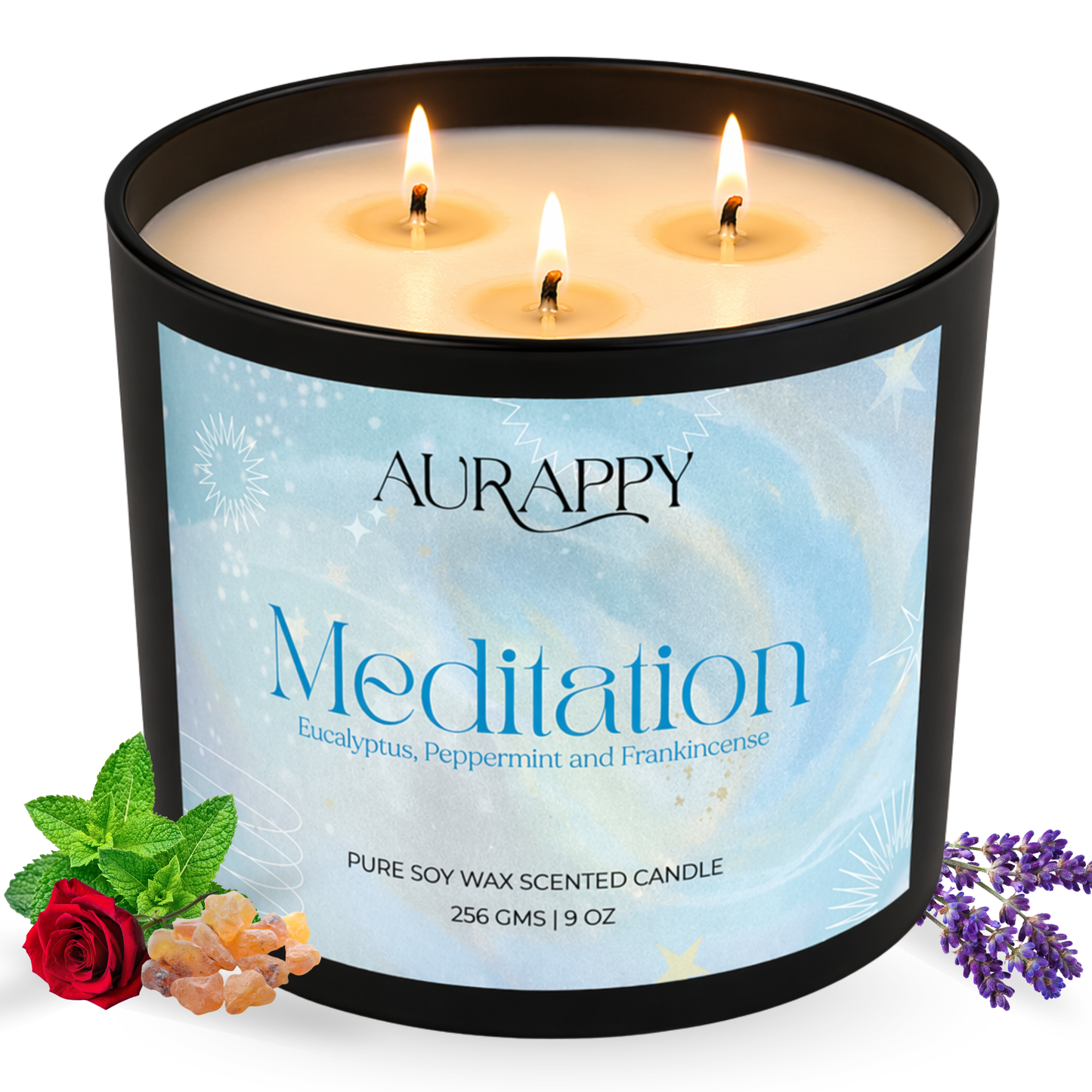 Aurappy Meditation 3-wick soy wax candle 300g – calming sandalwood earthy fragrance 45 hour burn India