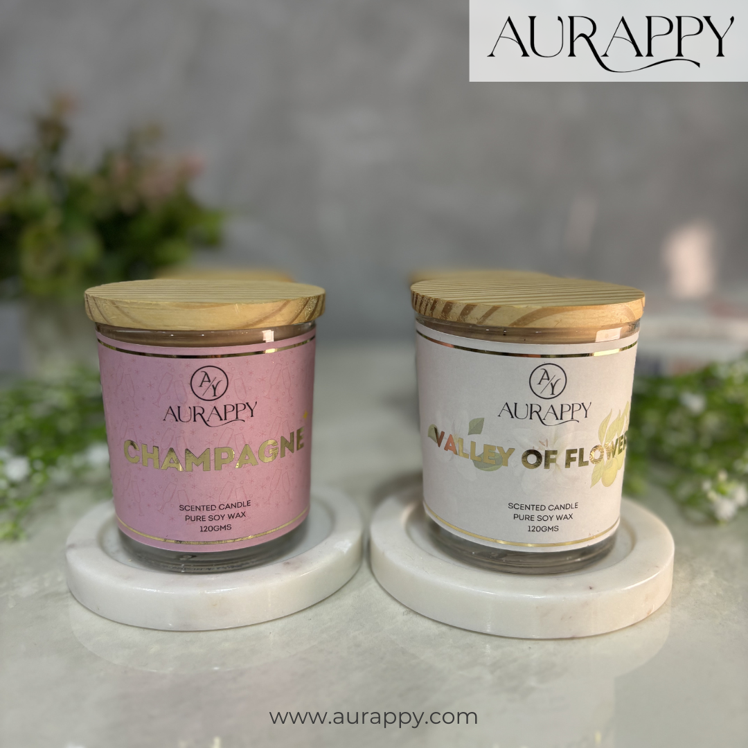 Champagne & Valley of flowers pure Soy Wax Scented Candles Jar Set Of 2