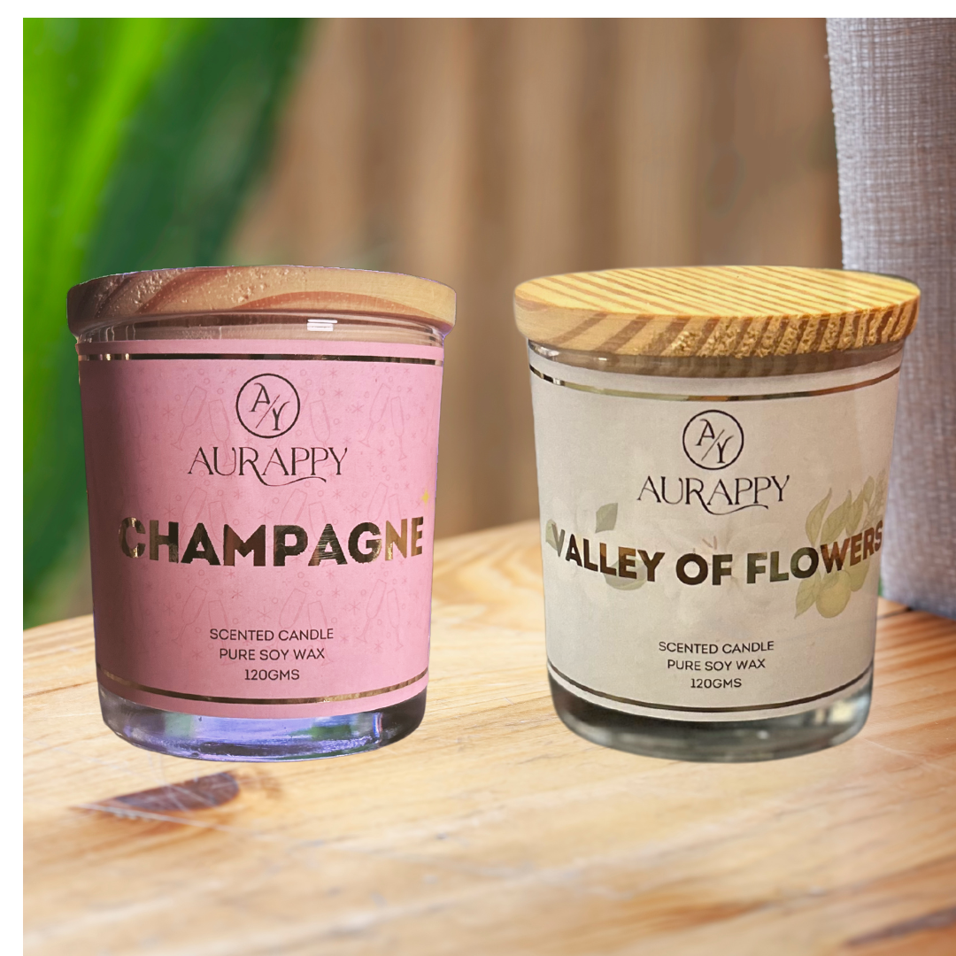 Champagne & Valley of flowers pure Soy Wax Scented Candles Jar Set Of 2