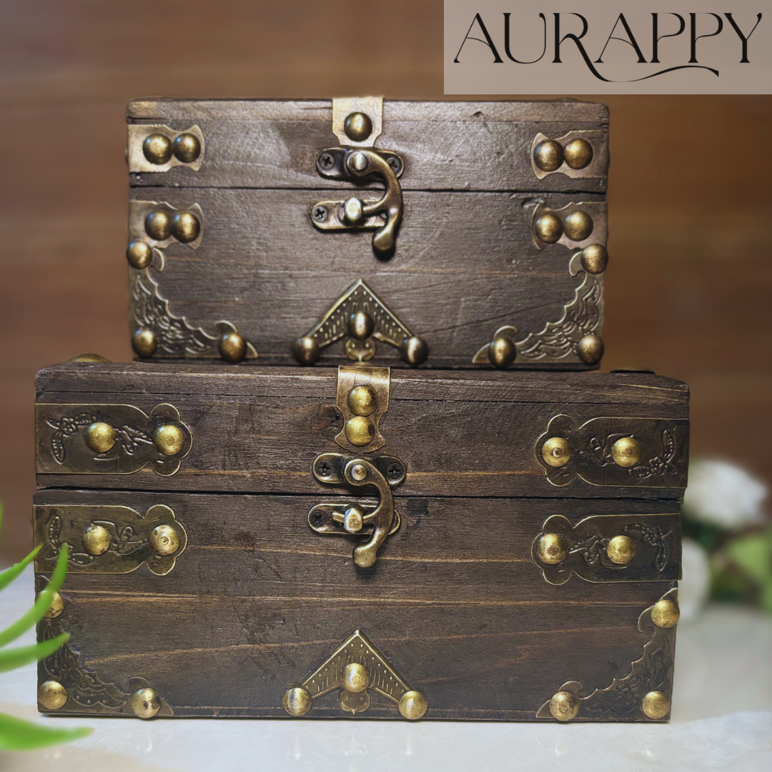 Handcrafted Wooden Vintage Jewelry Box / Vintage Treasure Chest set of 2