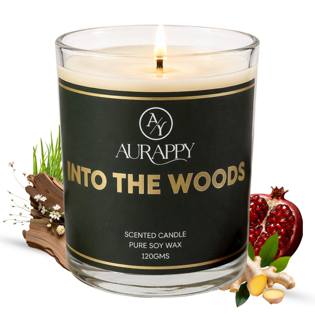 Aurappy Into the Woods soy wax scented candle 150g – pine cedar forest fragrance 30 hour burn India