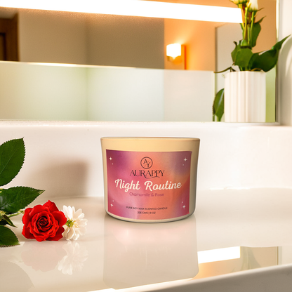 Aurappy Chamomile and Rose 3-wick candle, made with natural soy wax and essential oils, promotes restful sleep and relaxation. The soothing blend of chamomile and rose reduces anxiety and stress, making it ideal for bedtime rituals. Perfect for enhancing your wellness routine, this luxury sleep candle is also a great gift. Create a calming atmosphere in your bedroom with this long-lasting, natural home fragrance designed to support sleep and wellness.