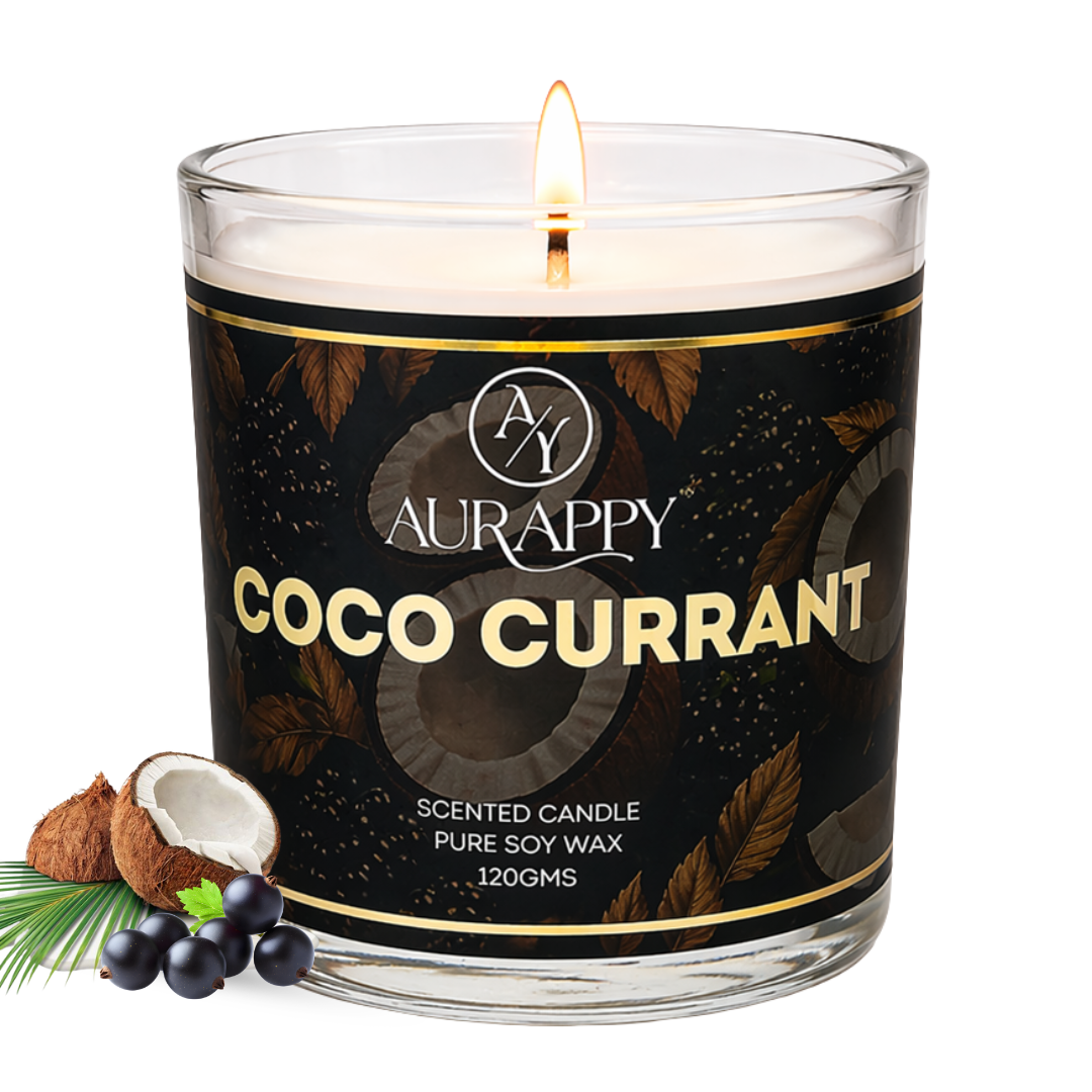 Aurappy Coco Currant soy wax scented candle 150g – coconut black currant fragrance 30 hour burn India