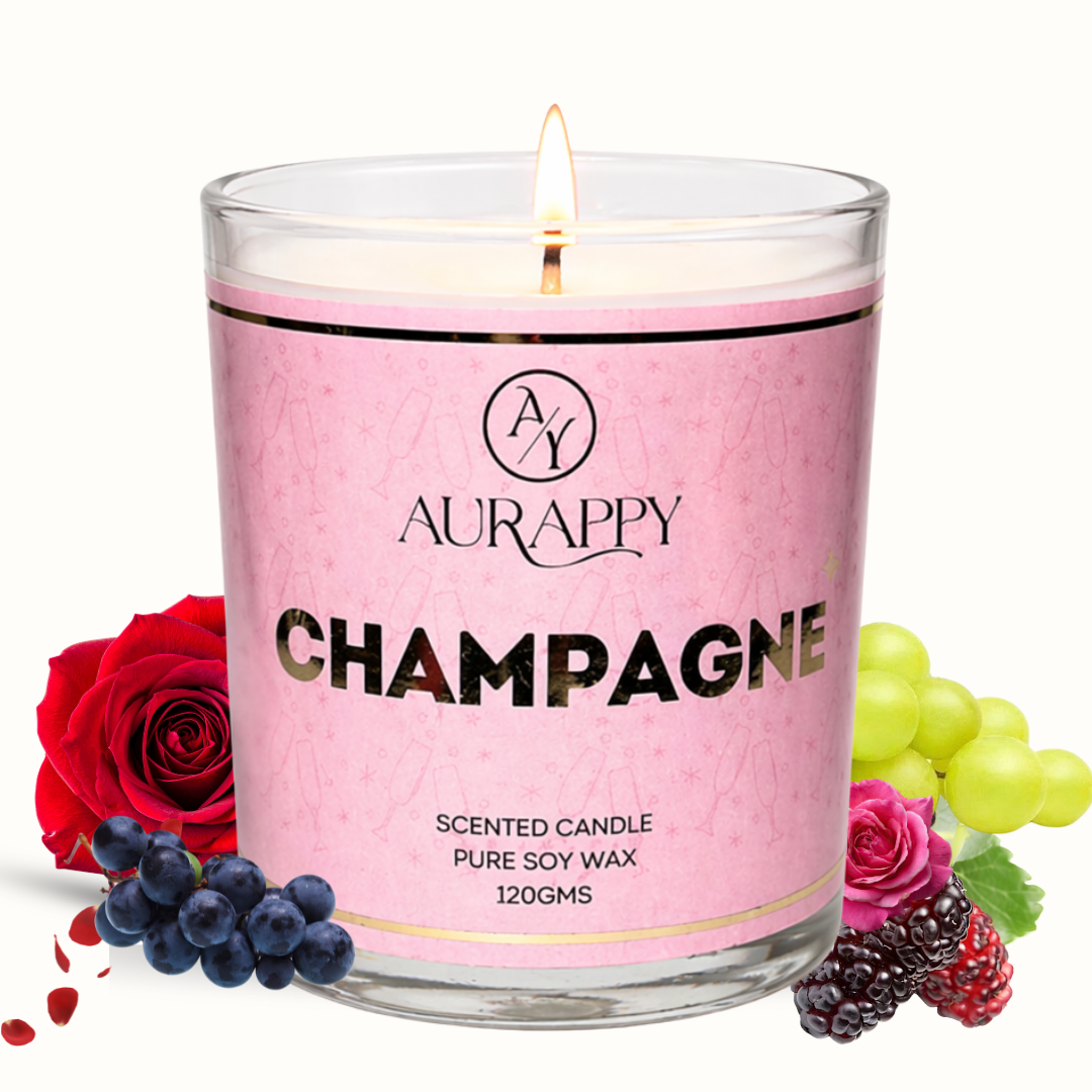 Aurappy Champagne soy wax scented candle 150g – sparkling wine rose fragrance 30 hour burn India