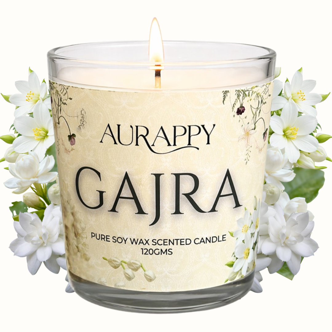 Aurappy Gajra soy wax scented candle 150g – Indian jasmine garland fragrance 30 hour burn India