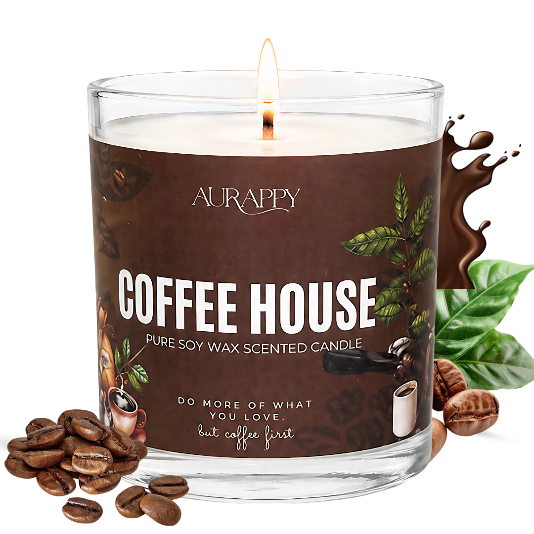 Aurappy Coffee House soy wax scented candle 150g – rich espresso coffee fragrance 30 hour burn India