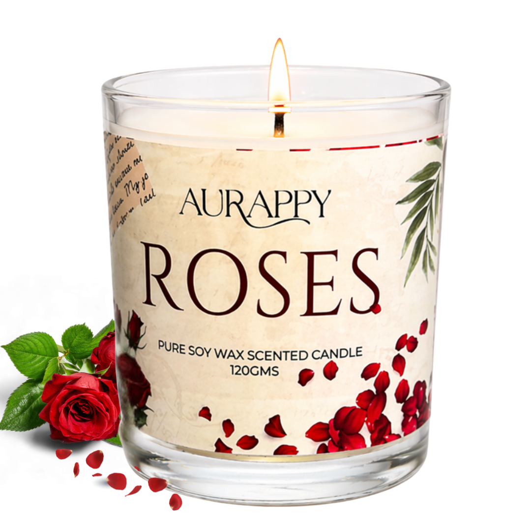Aurappy Roses soy wax scented candle 150g – deep rose floral fragrance 30 hour burn India