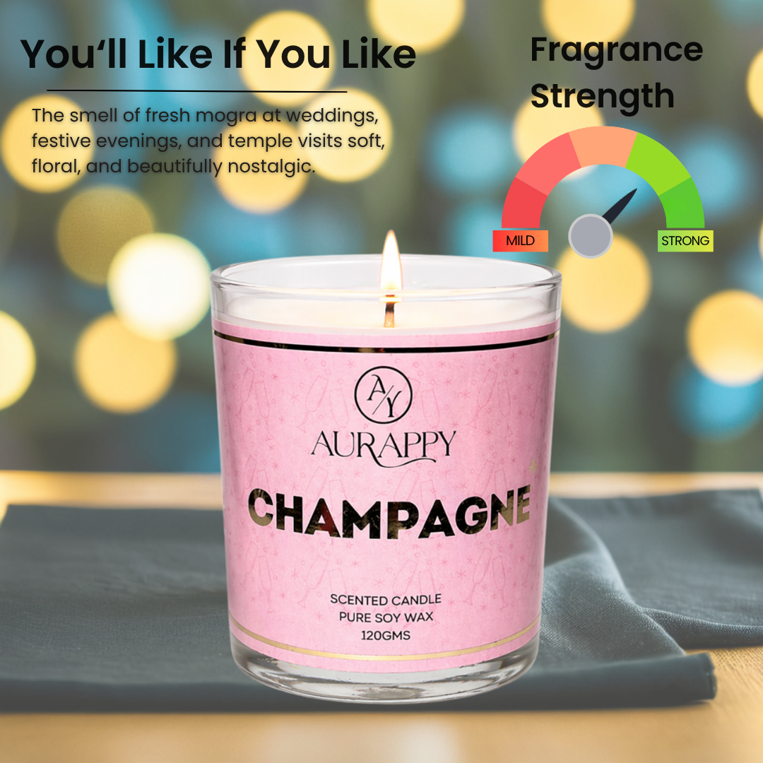 Aurappy Champagne soy wax candle jar – sparkling wine rose fragrance for home and gifting India