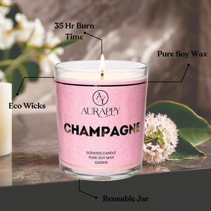Aurappy Champagne scented soy wax candle 30 hour burn – wax surface and wick detail India