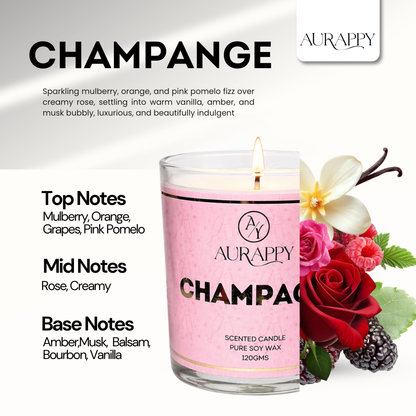 Aurappy Champagne candle in glass jar on surface – premium soy wax sparkling fragrance home India