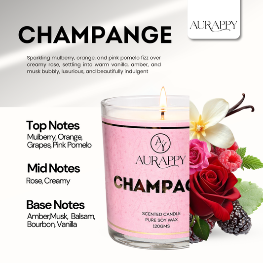 Aurappy Champagne candle in glass jar on surface – premium soy wax sparkling fragrance home India